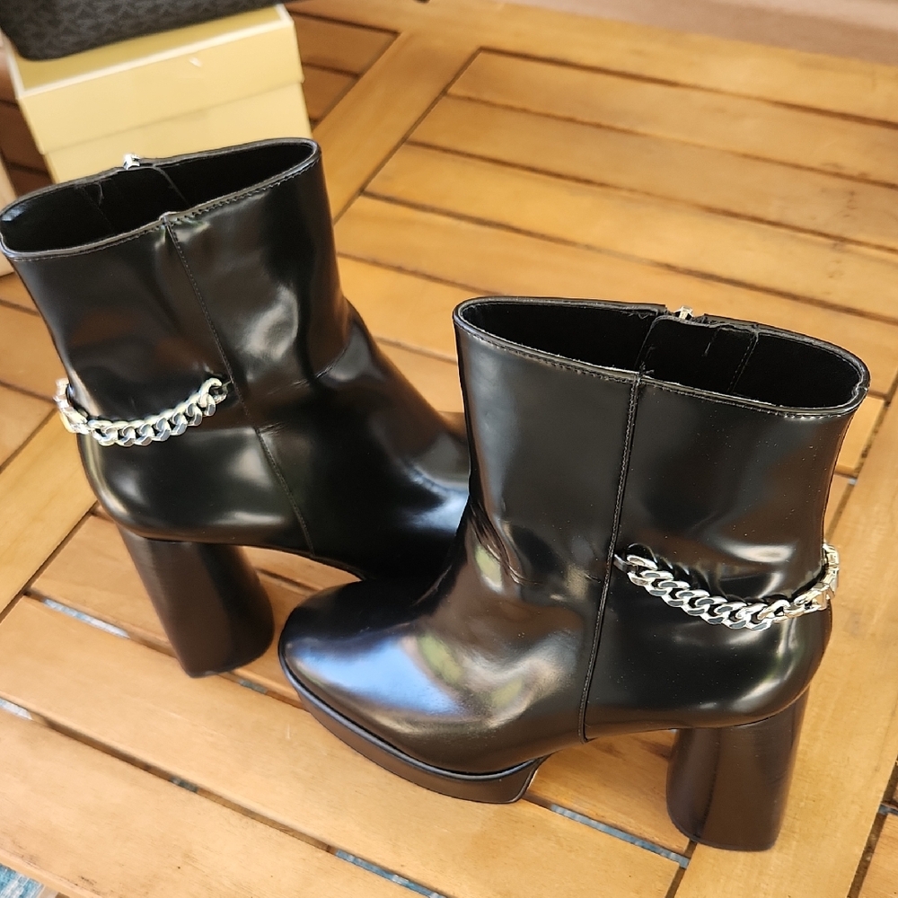 Micheal Kors Black Leather Ankle Boots with Chain Detail